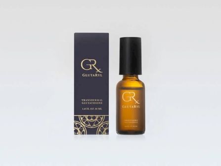 A Glutaryl transdermal glutathione skincare bottle with amber liquid and its matching product box.