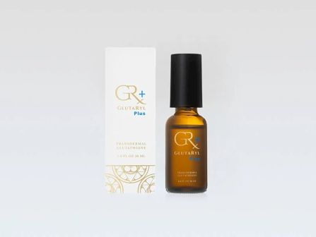 A skincare serum&mdash;an amber Glutaryl Plus bottle with a white GR+ Glutaryl Plus box beside it.