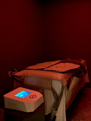 A dimly lit red room with a massage table covered in sheets and a control device nearby on a small table.