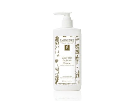 A white pump bottle of Eminence Organic Skin Care Clear Skin Probiotic Cleanser for facial washing.