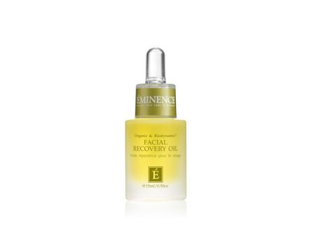 A bottle of Eminence Organic & Biodynamic Facial Recovery Oil, 15 ml, with a dropper-style cap.