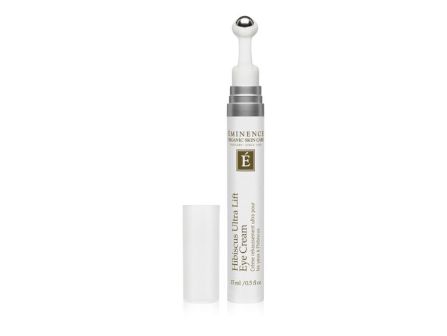 A skincare serum vial with dropper&mdash;&ldquo;Eminence Organic Skin Care&rdquo; Hibiscus Ultra Lift&mdash;shown upright with its cap/filler off.