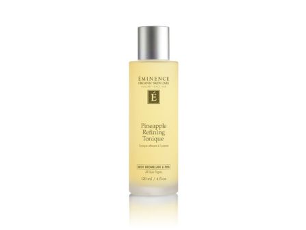 A skincare tonic bottle labeled &ldquo;&Eacute;minence Pineapple Refining Tonique&rdquo; with pineapple/bromelain & PHA for all skin types.