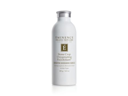 A bottle of Eminence Organic Skin Care &ldquo;Stone Crop Oxygenating Exfoliating Fizzofoliant&rdquo; exfoliating toner.