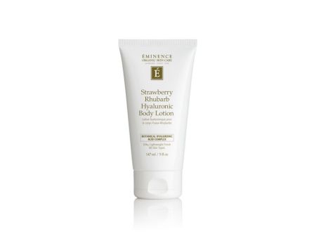 A tube of &Eacute;minence Organic Skin Care Strawberry Rhubarb Hyaluronic Body Lotion is shown on a white background.