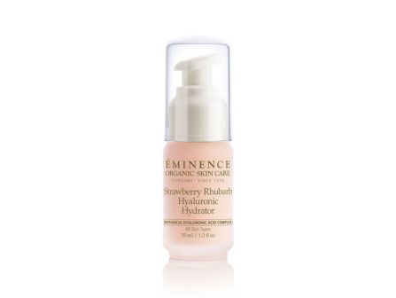A bottle of Eminence Organic Skin Care &ldquo;Strawberry Rhubarb&rdquo; Hyaluronic Hydrator, a hydrating face product.