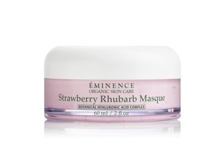 A white skincare jar labeled &ldquo;Eminence Organic Skin Care: Strawberry Rhubarb Masque&rdquo; (60 ml), with a botanical hyaluronic acid complex.