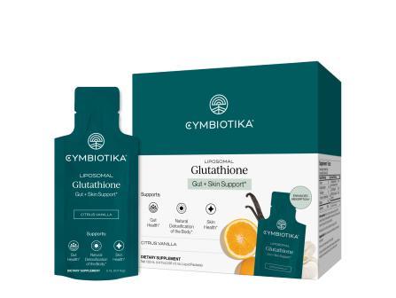 The image shows CYMBIOTIKA Liposomal Glutathione supplement packaging&mdash;&ldquo;Gut + Skin Support&rdquo; in citrus vanilla flavor.