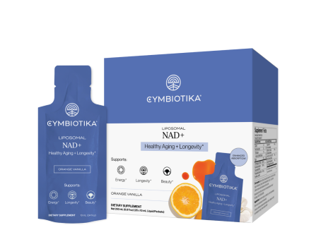 Cymbiotika liposomal NAD+ supplement packs in orange vanilla flavors, shown on blue pouches and boxes for healthy aging and longevity.
