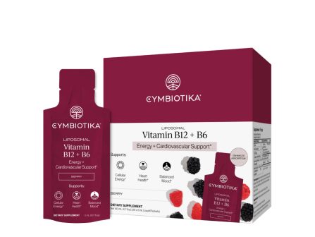 Cymbiotika liposomal Vitamin B12 + B6 supplement boxes and pouches for energy and cardiovascular support.