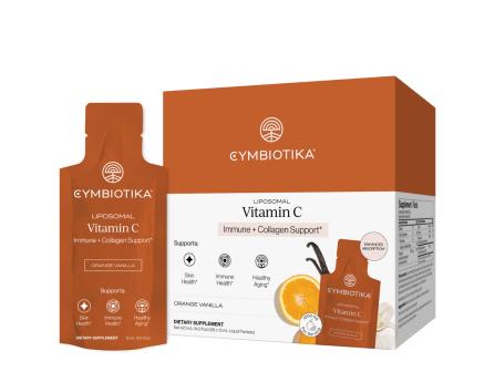 Cymbiotika Liposomal Vitamin C (Immune + Collagen Support) in orange vanilla packets, shown as box and pouch product.