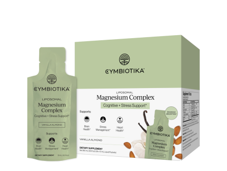 A Cymbiotika liposomal Magnesium Complex supplement pack and bottle for cognitive + stress support in vanilla almond flavor.