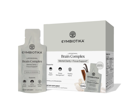 A Cymbiotika Liposomal Brain Complex supplement set (vanilla cinnamon) in packaging pouches and boxes for mental clarity and focus support.