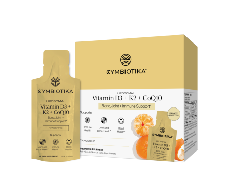 Cymbiotika liposomal Vitamin D3 + K2 + CoQ10 supplement packaging with pouch and box for bone, joint, and immune support.
