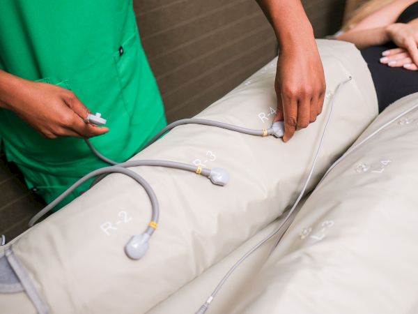 A healthcare worker adjusts therapy leads/electrodes on a person lying on a treatment bed, using connected medical tubing.